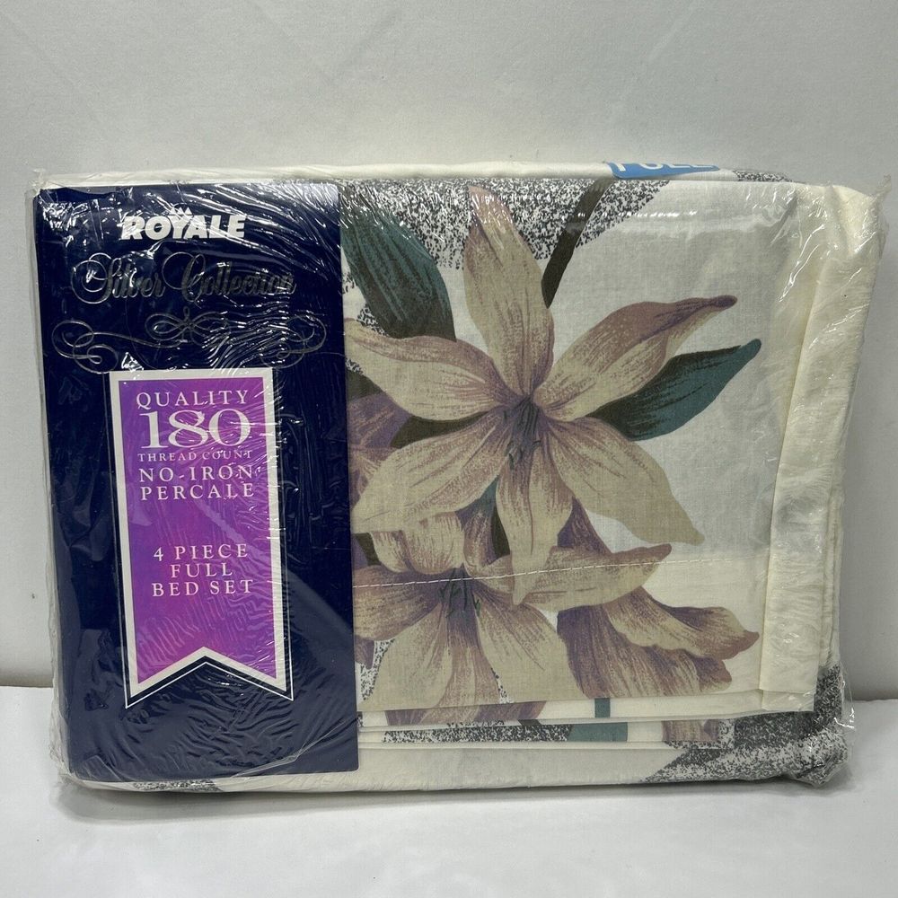 Royale 4 Piece Bedding Full Lily Floral No Iron Percale cottage Granny Core NOS - Picture 1 of 5